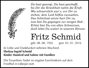 Traueranzeige von Fritz Schmid von Mitteldeutsche Zeitung Halle/Saalkreis