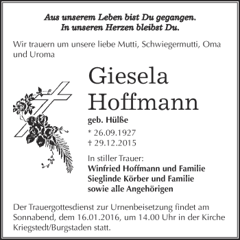 Traueranzeige von Giesela Hoffmann von Super Sonntag Merseburg