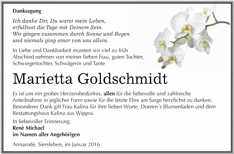  Traueranzeige für Marietta Goldschmidt vom 16.01.2016 aus Super Sonntag SGH Mansf. Land