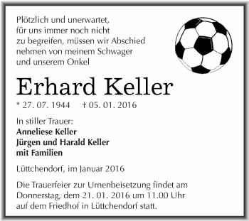 Traueranzeige von Erhard Keller von Wochenspiegel Mansfelder Land