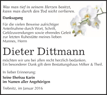 Traueranzeige von Dieter Dittmann von WVG - Wochenspiegel NMB / WSF / ZTZ