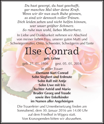 Traueranzeige von Ilse Conrad von Mitteldeutsche Zeitung Mansfelder Land