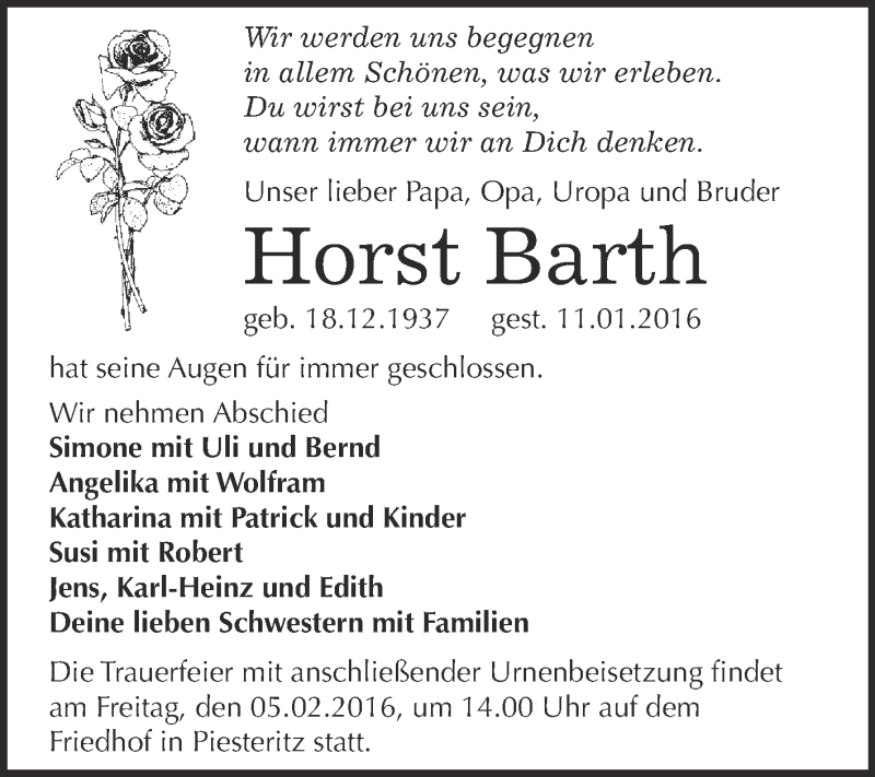  Traueranzeige für Horst Barth vom 16.01.2016 aus WVG - Wochenspiegel Wittenberg