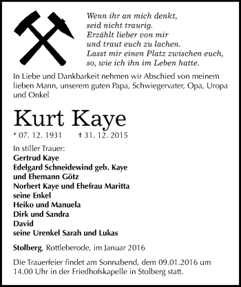 Traueranzeige von Kurt Kaye von Mitteldeutsche Zeitung Sangerhausen