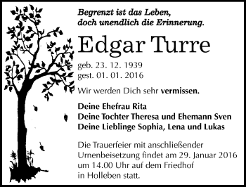 Traueranzeige von Edgar Turre von Mitteldeutsche Zeitung Halle/Saalkreis