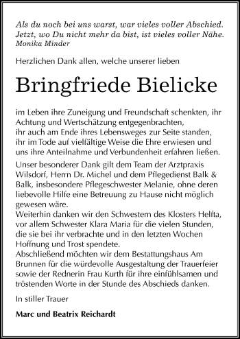 Traueranzeige von Bringfriede Bielicke von Mitteldeutsche Zeitung Mansfelder Land