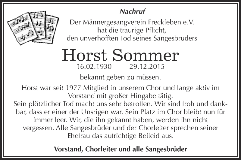 Traueranzeige für Horst Sommer vom 13.01.2016 aus Super Sonntag Aschersleben