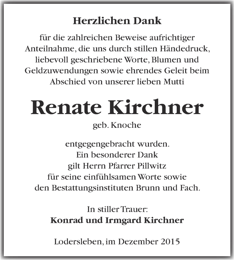  Traueranzeige für Renate Kirchner vom 09.01.2016 aus Super Sonntag Merseburg