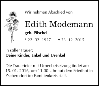 Traueranzeige von Edith Modemann von Mitteldeutsche Zeitung Bitterfeld