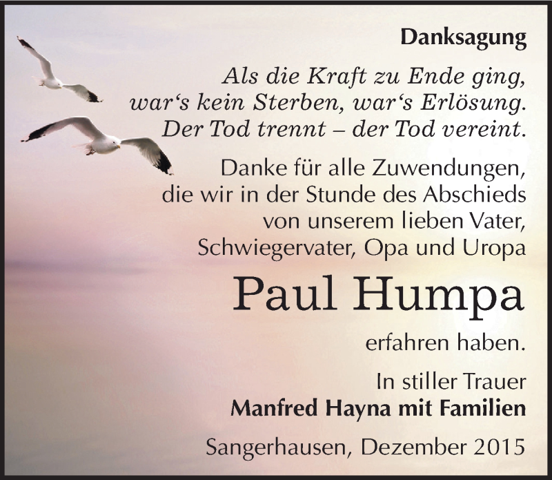  Traueranzeige für Paul Humpa vom 02.01.2016 aus Mitteldeutsche Zeitung Sangerhausen