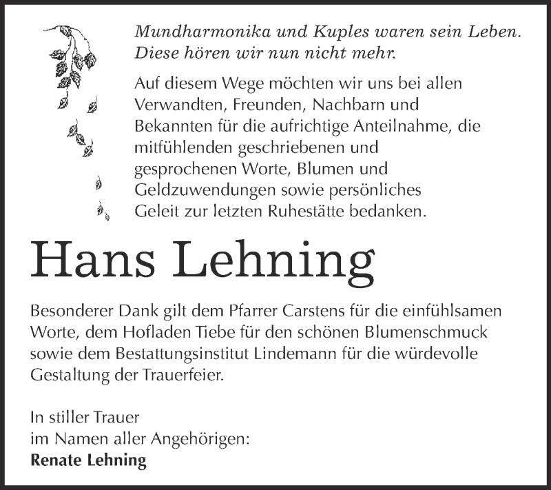  Traueranzeige für Hans Lehning vom 09.01.2016 aus Super Sonntag Quedlinburg