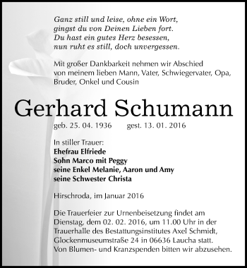 Traueranzeige von Gerhard Schumann von Mitteldeutsche Zeitung Naumburg/Nebra