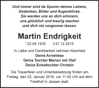 Traueranzeige von Martin Endrigkeit von WVG - Wochenspiegel Wittenberg
