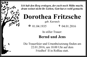 Traueranzeige von Dorothea Fritzsche von Mitteldeutsche Zeitung Dessau-Roßlau