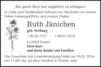 Traueranzeige von Ruth Jänichen von WVG - Wochenspiegel Bitterfeld