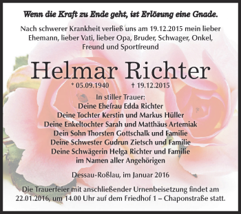 Traueranzeige von Helmar Richter von WVG - Wochenspiegel Dessau / Köthen