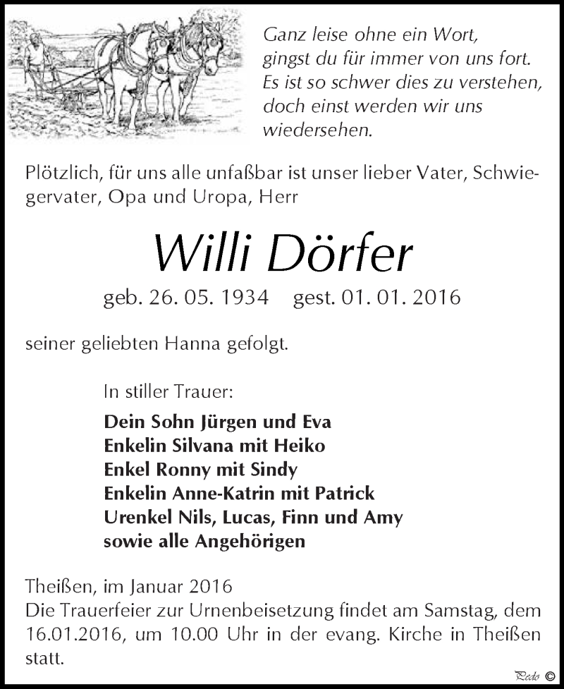  Traueranzeige für Willi Dörfer vom 09.01.2016 aus Super Sonntag Zeitz