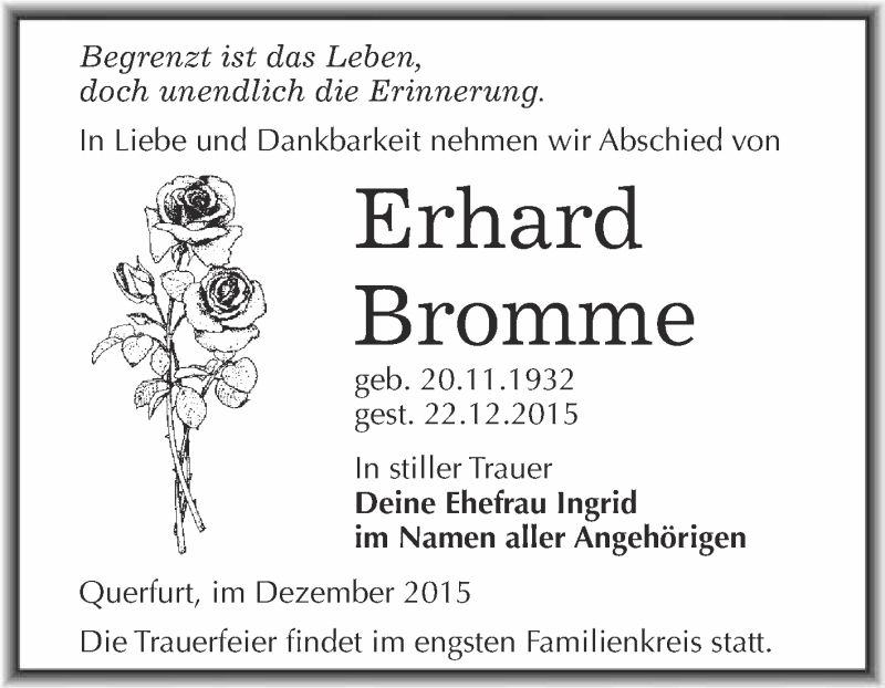  Traueranzeige für Erhard Bromme vom 02.01.2016 aus WVG - Wochenspiegel Merseburg