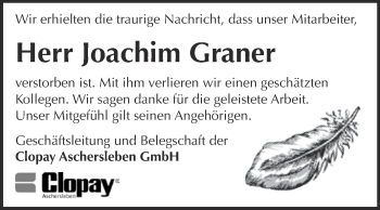 Traueranzeige von Joachim Graner von Super Sonntag Aschersleben