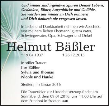 Traueranzeige von Helmut Bäßler von Mitteldeutsche Zeitung Mansfelder Land