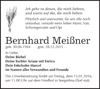 Traueranzeige von Bernhard Meißner von WVG - Wochenspiegel Wittenberg