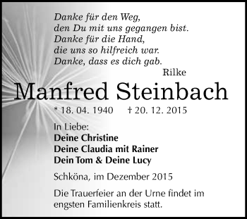 Traueranzeige von Manfred Steinbach von WVG - Wochenspiegel Wittenberg