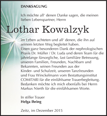 Traueranzeige von Lothar Kowalzyk von Mitteldeutsche Zeitung Zeitz