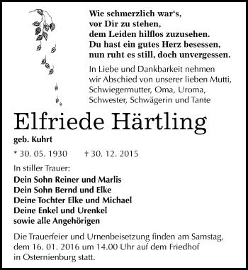 Traueranzeige von Elfriede Härtling von Mitteldeutsche Zeitung Köthen