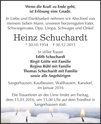 Traueranzeige von Heinz Schuchardt von Super Sonntag SGH Mansf. Land