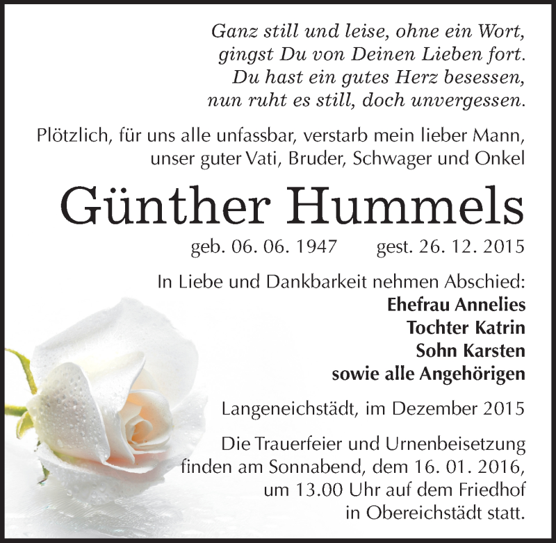  Traueranzeige für Günther Hummels vom 09.01.2016 aus Mitteldeutsche Zeitung Merseburg/Querfurt