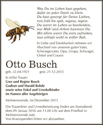 Traueranzeige von Otto Busch von Super Sonntag SGH Mansf. Land