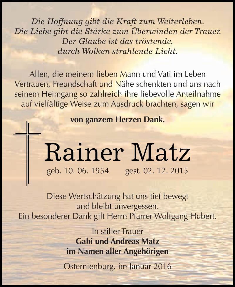  Traueranzeige für Rainer Matz vom 09.01.2016 aus WVG - Wochenspiegel Dessau / Köthen