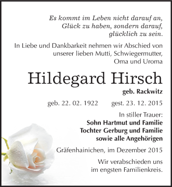 Traueranzeige von Hildegard Hirsch von Mitteldeutsche Zeitung Wittenberg
