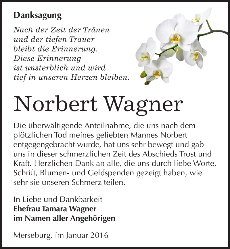  Traueranzeige für Norbert Wagner vom 16.01.2016 aus Mitteldeutsche Zeitung Merseburg/Querfurt