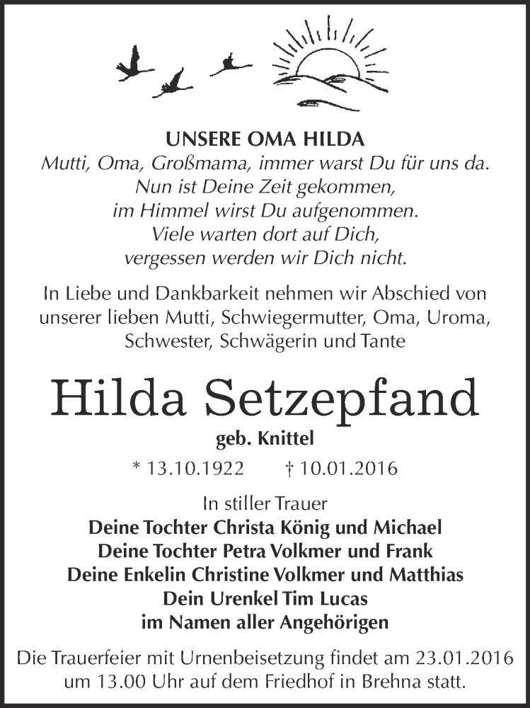  Traueranzeige für Hilda Setzepfand vom 20.01.2016 aus WVG - Wochenspiegel Bitterfeld