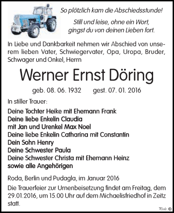 Traueranzeige von Werner Ernst Döring von Super Sonntag Zeitz