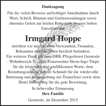 Traueranzeige von Irmgard Hoppe von WVG - Wochenspiegel Quedlinburg