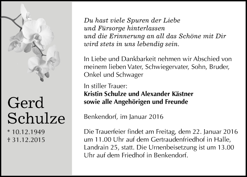  Traueranzeige für Gerd Schulze vom 09.01.2016 aus Mitteldeutsche Zeitung Halle/Saalkreis