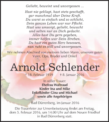 Traueranzeige von Arnold Schlender von Super Sonntag Merseburg
