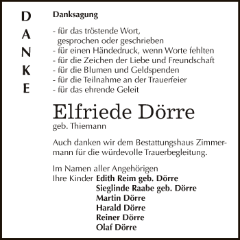 Traueranzeige von Elfriede Dörre von WVG - Wochenspiegel Dessau / Köthen