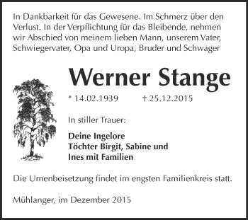 Traueranzeige von Werner Stange von WVG - Wochenspiegel Wittenberg