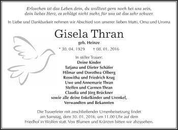 Traueranzeige von Gisela Thran von WVG - Wochenspiegel Bitterfeld