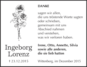 Traueranzeige von Ingeborg Lorenz von WVG - Wochenspiegel Wittenberg