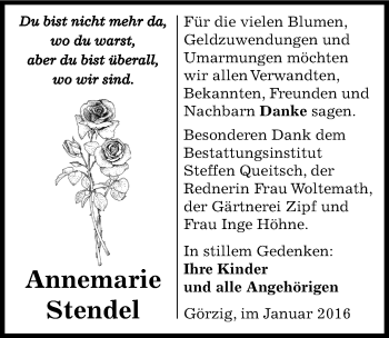 Traueranzeige von Annemarie Stendel von Mitteldeutsche Zeitung Dessau-Roßlau