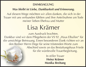 Traueranzeige von Lisa Krämer von WVG - Wochenspiegel Dessau / Köthen