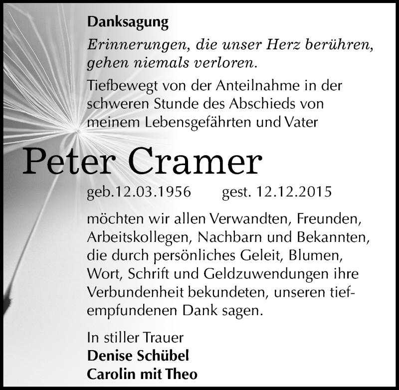  Traueranzeige für Peter Cramer vom 16.01.2016 aus Mitteldeutsche Zeitung Sangerhausen