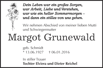 Traueranzeige von Margot Grunewald von WVG - Wochenspiegel Dessau / Köthen