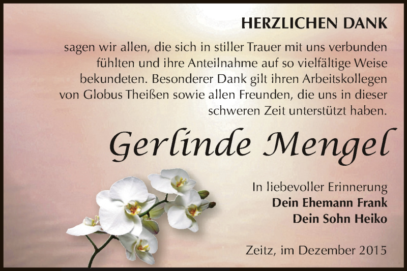  Traueranzeige für Gerlinde Mengel vom 02.01.2016 aus Super Sonntag Zeitz