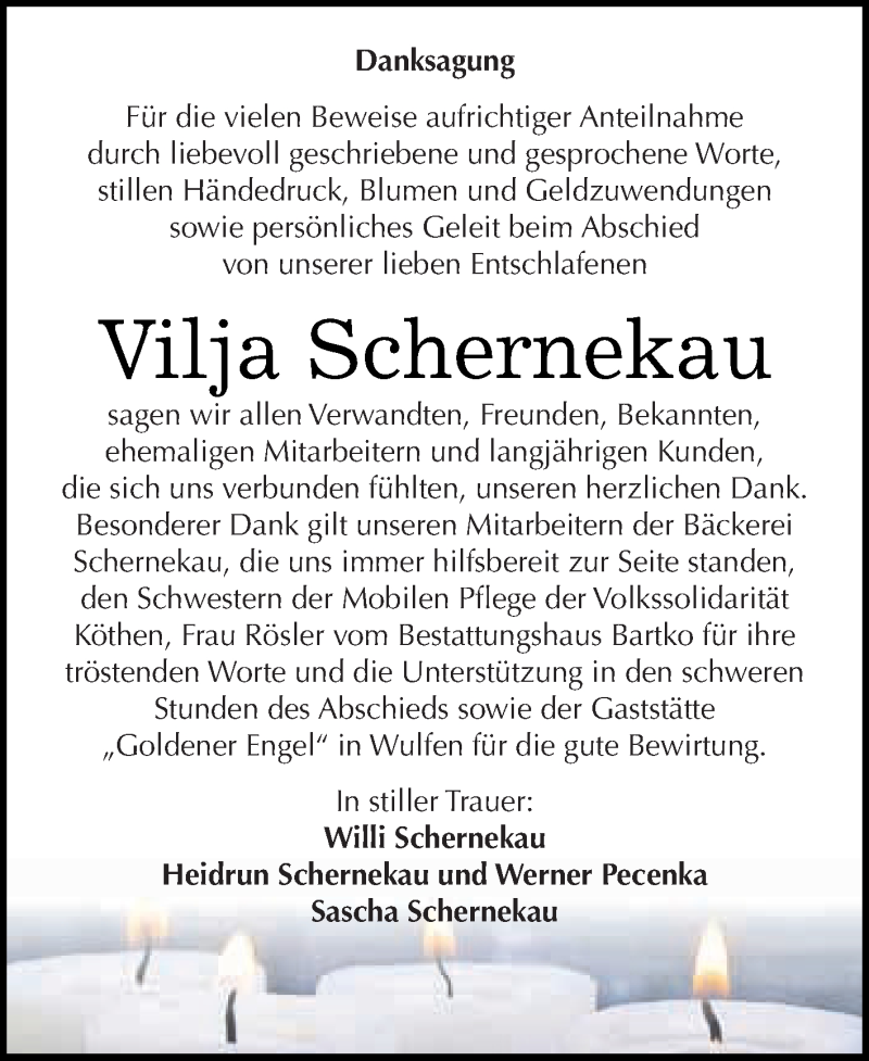  Traueranzeige für Vilja Schernekau vom 16.01.2016 aus WVG - Wochenspiegel Dessau / Köthen