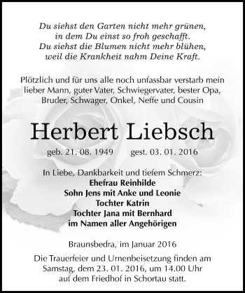 Traueranzeige von Herbert Liebsch von Mitteldeutsche Zeitung Merseburg/Querfurt